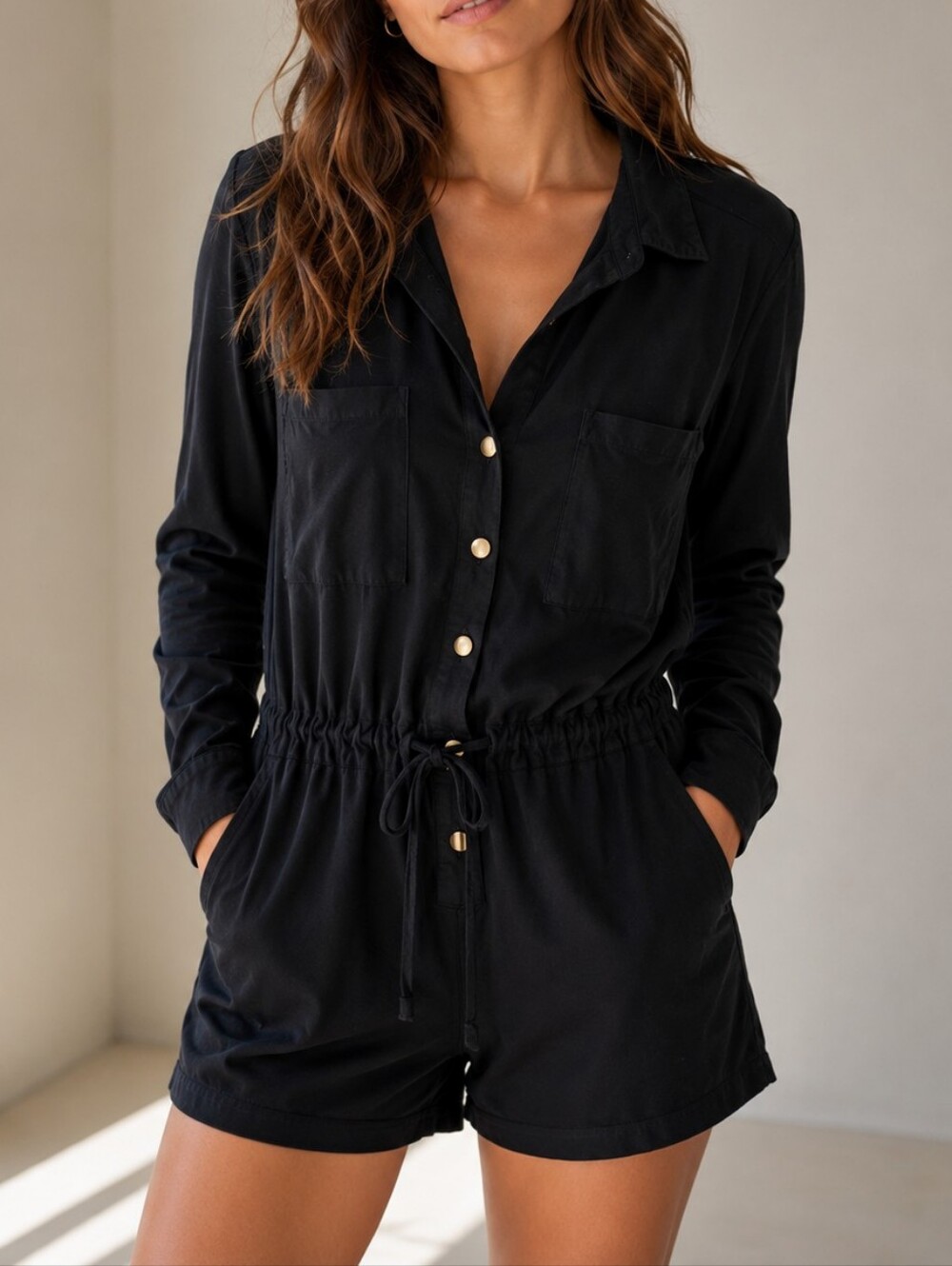 Olivaceous Black Button-Front Tie-Waist Romper Size L
